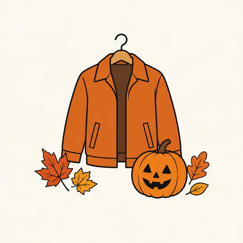 Simple illustration of an orange jacket on a hanger, with a jack-o'-lantern and autumn leaves