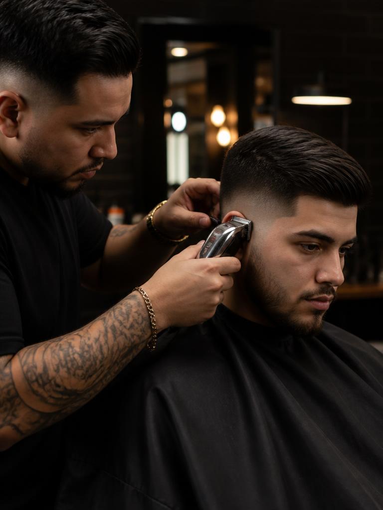 Barber serving a client in a barbershop with a promo screen