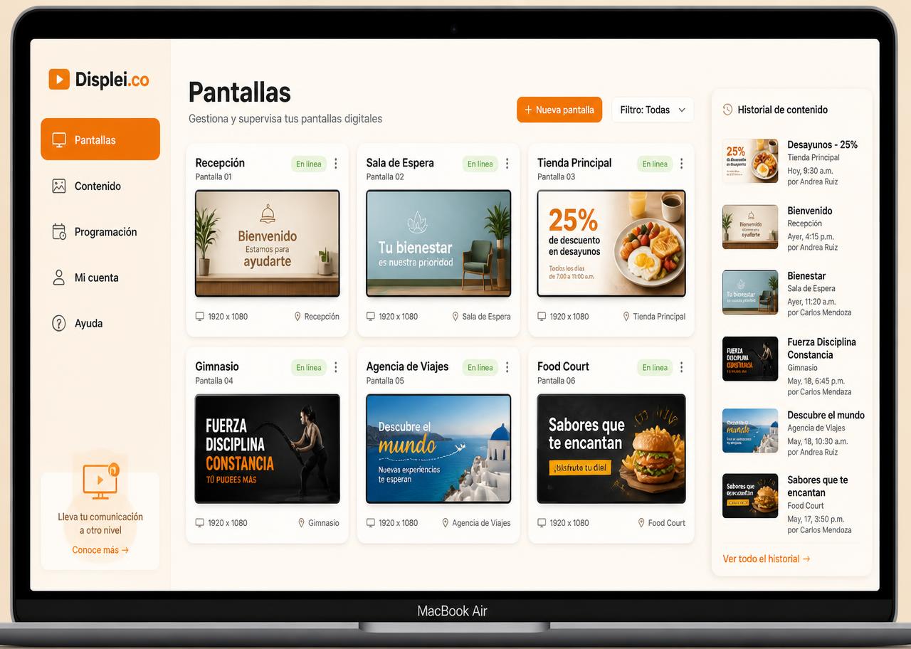 Displei.co management dashboard with screens, online status and content history