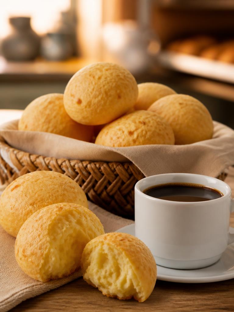 Freshly baked cheese bread next to a cup of coffee