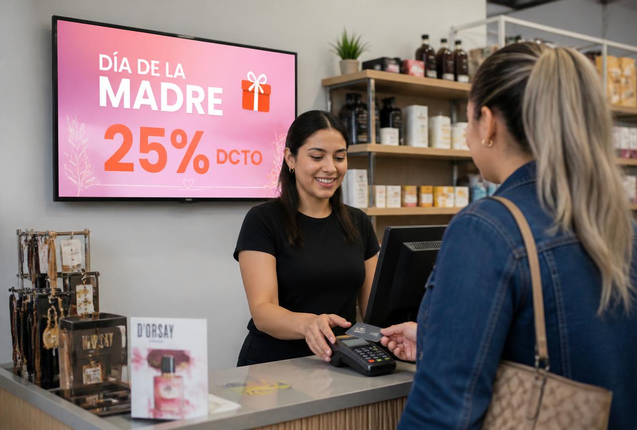 Screen at a shop counter showing a Mother's Day promo while a customer is served