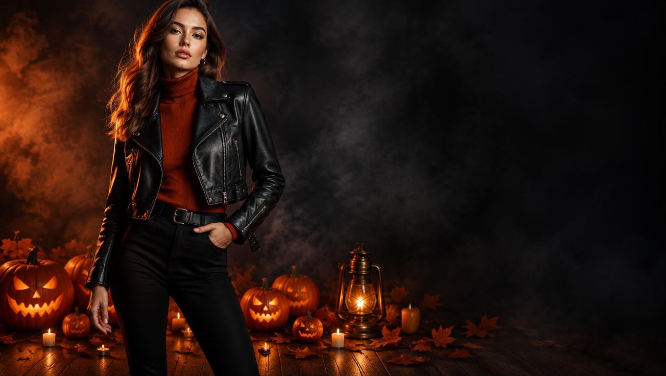 Model in a black leather moto jacket and a rust knit turtleneck, posing among glowing jack-o'-lanterns, a vintage lantern and autumn leaves on a dark smoky backdrop