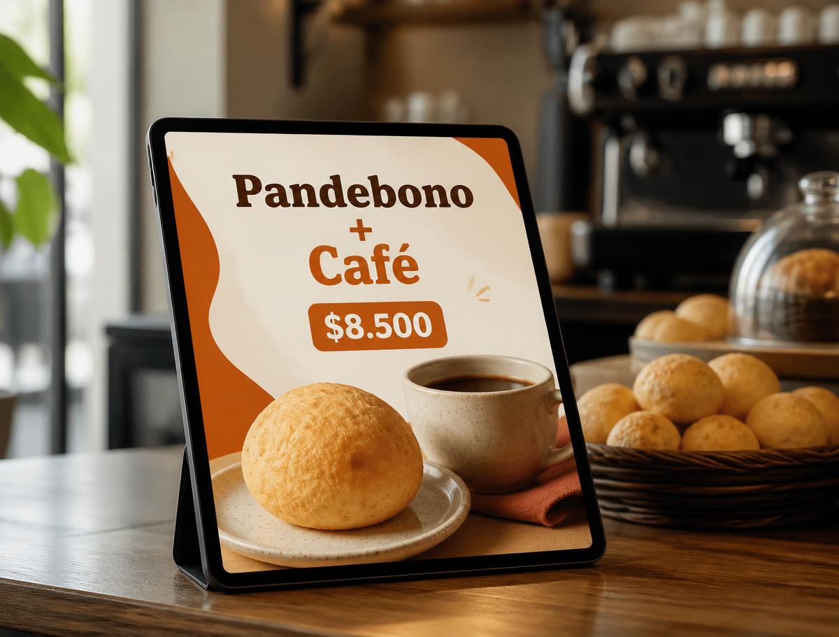 Tablet on a coffee shop counter showing a pastry and coffee combo