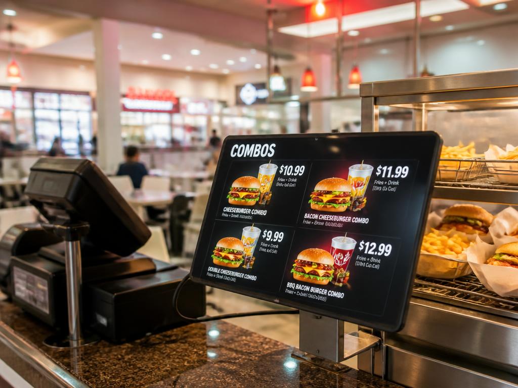 Tablet at a fast-food stand in a food court showing combos and prices