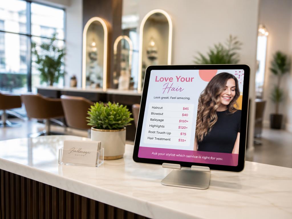 Tablet on a beauty salon counter showing service prices